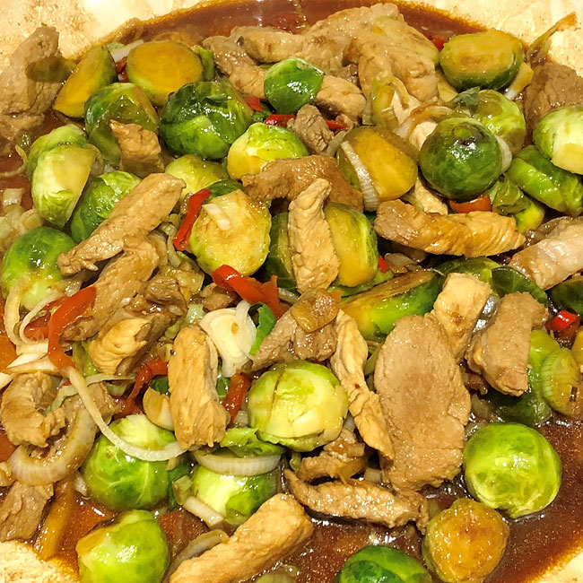 Brussel Sprout and Pork Loin Stir Fry with Rice Noodles - Cooking