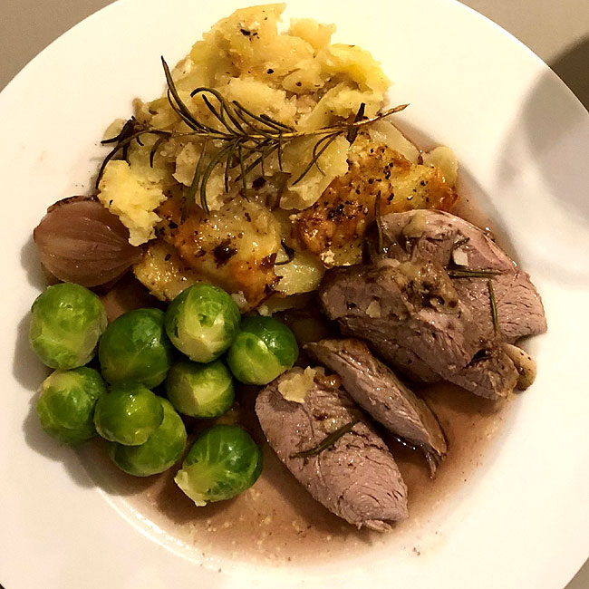 Roast Lamb with Gratin Dauphinois and Brussel Sprouts