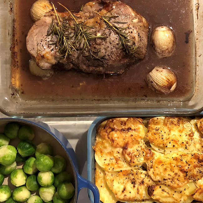 Roast Lamb with Gratin Dauphinois and Brussel Sprouts - Cooking