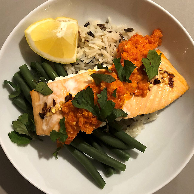 Salmon Fillets with Masala Sauce, Basmati Rice and Green Beans