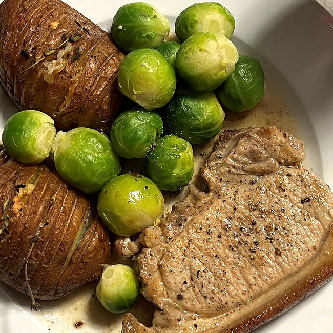 pork chops - sprouts & hasselback potatoes