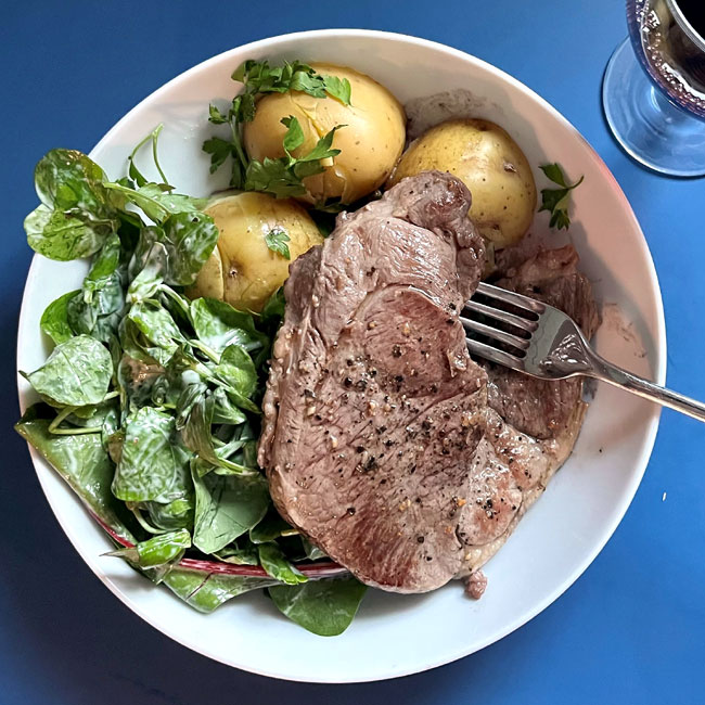 Lamb steaks with New Potatoes and Pea Shoot and Mint Salad