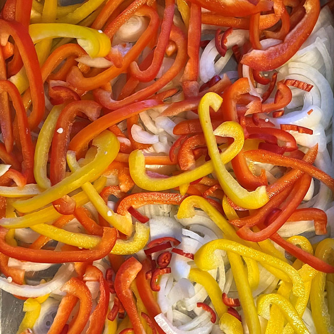 red & yellow peppers with onion